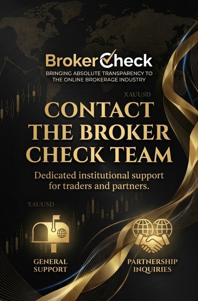Broker Check Team Contact Us official page banner with dark luxury theme, golden connectivity graphics, and official email channels.